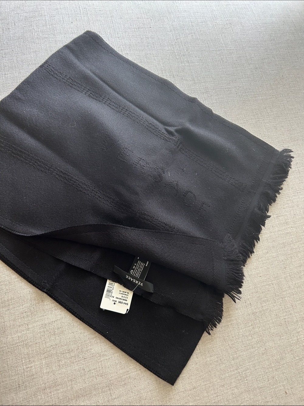 Brand New Versace Border Black Logo Lana Wool Light Long Scarf with Fringe Trim